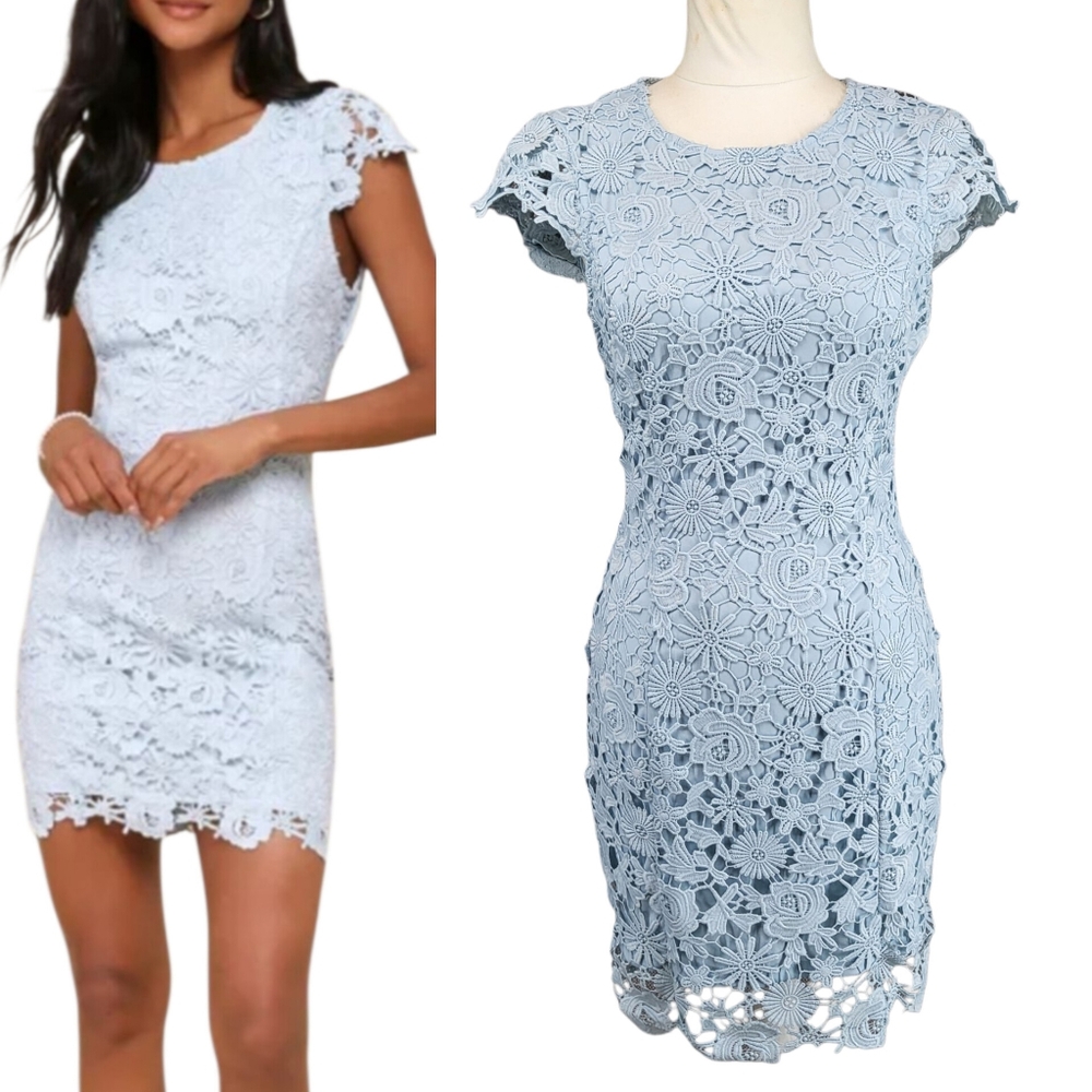 Lulus Romance Language Light Blue Backless Floral Lace Mini Dress Cap Sleeves S